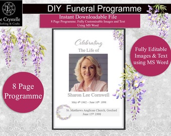 Funeral Program Template/Word Template/Celebration of Life/Funeral Program/Flower Wisteria/DIY 8 page programme