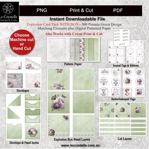 Op de afbeelding: Printbare digitale papierset met een groen en paars bloemenontwerp. Bevat enveloppen, explosiebox-paneellagen, journaaltags en versieringstags. Bevat ook een patroonpapier met een groen en paars bloemenontwerp. De tekst "Explosion Card Pack WITH BOX - 500 Petunia Green Design" is zichtbaar in de afbeelding.