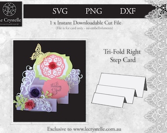 May include: A digital cut file for a tri-fold step card with a delicate floral design and the text "Thinking of You". The card features a butterfly, flowers, and intricate scrollwork. The file is available in SVG, PNG, and DXF formats.
