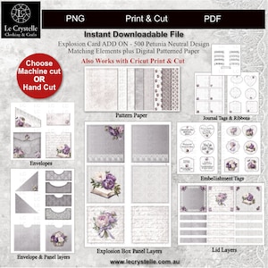 Op de afbeelding: Digitaal printbaar bestand met een explosiekaart add-on met een neutraal petunia ontwerp. Inclusief patroonpapier, enveloppen, journaal tags, versiering tags en paneellagen. Werkt ook met Cricut Print & Cut.