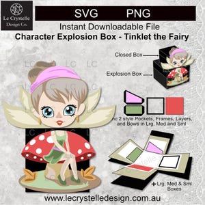 May include: Digital SVG and PNG file for a Character Explosion Box featuring Tinklet the Fairy. The design includes a fairy illustration, a mushroom, and a box with pockets, frames, layers, and bows. The text reads "Instant Downloadable File".