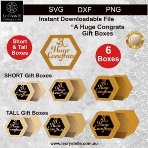 Puede incluir: Un conjunto de seis cajas de regalo hexagonales con un diseño dorado y negro. Las cajas están etiquetadas con "A Huge Congrats" y están disponibles en tamaños cortos y altos.