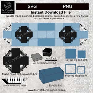 May include: Digital SVG and PNG instant download file. The design includes a double piano extended explosion box, layers, frames, and a small center explosion box. The design also includes a double lid and music notes.