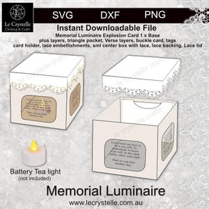 Puede incluir: Archivo digital para una tarjeta de explosión Memorial Luminaire. El diseño incluye una base, capas, un bolsillo triangular, capas de versos y adornos de encaje. La imagen muestra la caja ensamblada con una luz de té de batería.