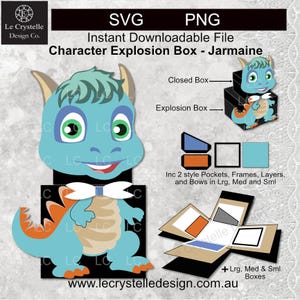 Puede incluir: Archivos digitales SVG y PNG para una caja explosiva de personajes con un dragón azul llamado Jarmaine. El diseño incluye bolsillos, marcos, capas y lazos en varios tamaños. La imagen muestra una caja cerrada y una vista explosionada.