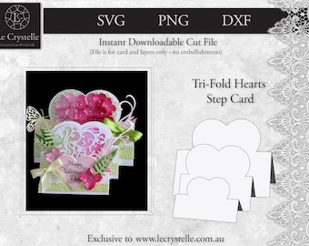 May include: A digital cut file for a tri-fold step card featuring three hearts. The card is decorated with pink and green flowers and the text "Happy Valentine's Day".