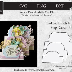 SVG cut file card/Trifold Labels 4 step card/step card template/svg cards/folding cards/layered card/cricut/silhouette/