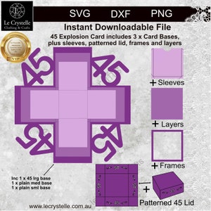Puede incluir: Una plantilla de tarjeta de caja de explosión de 45 grados en morado y blanco con una tapa estampada, mangas, capas y marcos. La plantilla incluye tres bases de tarjetas: una grande, una mediana y una pequeña.