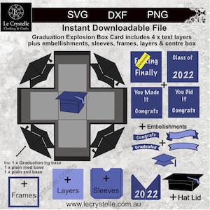Pode incluir: Um arquivo para download instantâneo para um cartão de caixa explosiva de formatura. O design inclui uma caixa central, bonés de formatura, camadas de texto, enfeites, mangas, molduras, camadas e uma tampa de chapéu. O texto inclui "Finalmente", "Turma de 2022", "Você conseguiu, parabéns".