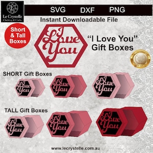 Puede incluir: Una descarga digital de archivos SVG, DXF y PNG para crear cajas de regalo de "Te amo". Las cajas son hexagonales y vienen en dos tamaños: corto y alto. El diseño presenta un texto "Te amo" rojo sobre un fondo negro.