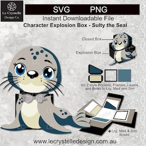 May include: Digital SVG and PNG file for a character explosion box featuring "Sulty the Seal." The design includes a closed box, an explosion box, pockets, frames, layers, and bows in large, medium, and small sizes. The seal has big blue eyes.
