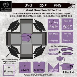 Puede incluir: Una descarga digital para una tarjeta de caja de explosión de graduación. La tarjeta presenta un gorro de graduación morado, capas de texto y adornos. El texto incluye "Clase de 2025", "Lo lograste Felicitaciones" y "Lo hiciste Felicitaciones".