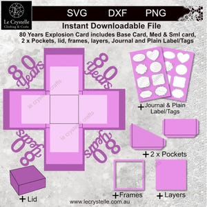 May include: A digital download graphic for an 80th-anniversary explosion card. The design includes a base card, pockets, lid, frames, layers, and journal labels. The color scheme is shades of purple and pink, with the text "80 Years".