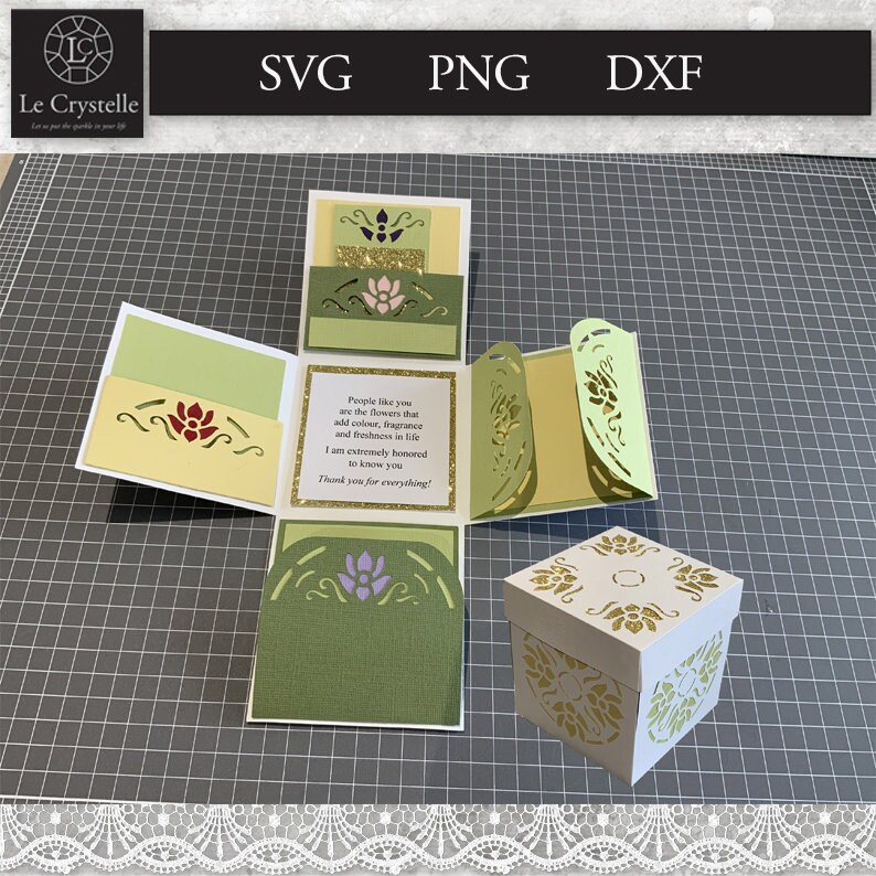 Może przedstawiać: Zielono-ż&oacute;łte pudełko z papieru z wyskakującym elementem. Pudełko zawiera wiadomość: "Ludzie tacy jak ty są jak kwiaty, kt&oacute;re dodają koloru, zapachu i świeżości życiu. Jestem niezmiernie zaszczycony, że cię znam. Dziękuję za wszystko!"