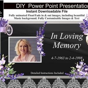 May include: A black and white digital template for a PowerPoint presentation with a photo frame, lavender flowers, and the text "In Loving Memory 4-7-1963 to 2-4-1998".
