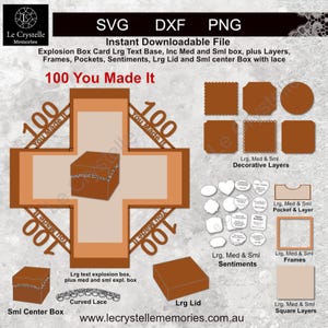 May include: Digital SVG, DXF, and PNG files for an explosion box card. The design includes a large text base, multiple box sizes, layers, frames, pockets, sentiments, a lid, and a center box with lace. The text "100 You Made It" is featured.