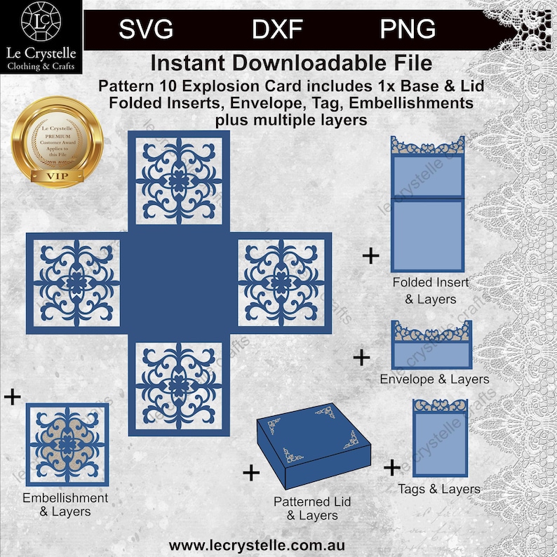 K&ouml;nnte beinhalten: Sofortiger Download f&uuml;r eine Pattern 10 Explosionskarte. Enth&auml;lt Basis und Deckel, gefaltete Eins&auml;tze, Umschlag, Etikett und Verzierungen. Das Design ist marineblau mit dekorativen Ausschnittmustern. Verf&uuml;gbar in SVG-, DXF- und PNG-Formaten.