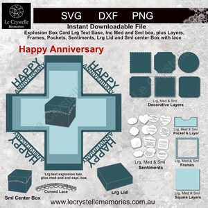 Puede incluir: Archivos digitales SVG, DXF y PNG para una tarjeta explosiva. El diseño incluye capas, marcos, bolsillos, sentimientos, una tapa grande y una pequeña caja central con encaje. Se presenta el texto "Happy Anniversary".