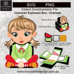 May include: Digital SVG and PNG file for a Character Explosion Box named Charlotte. The design includes a cartoon girl in a green shirt and red pants, with a closed box and an exploded box view. Includes pockets, frames, layers, and bows in large, medium, and small sizes.