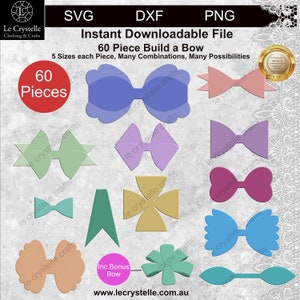 Puede incluir: Una descarga digital de 60 plantillas de lazo imprimibles en cinco tamaños. Las plantillas son de varios colores, incluyendo azul, morado, verde, rosa y marrón. La imagen muestra una variedad de formas de lazo, incluyendo lazos tradicionales, lazos en forma de diamante y lazos en forma de estrella. El texto "60 Piece Build a Bow" se muestra en la imagen.