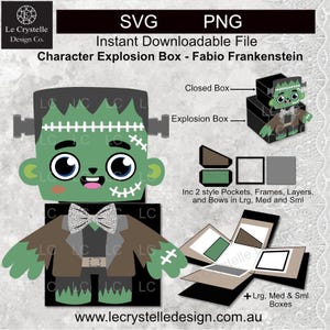 Caja explosiva con lindo personaje de Frankenstein / archivo de corte / plantilla de tarjeta explosiva / tarjetas SVG / tarjetas plegables / tarjeta en capas / Cricut / silueta / tarjeta de gato