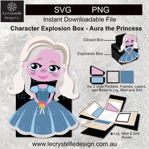May include: Digital download file for a Character Explosion Box featuring Aura the Princess. The design includes SVG and PNG formats, with pockets, frames, layers, and bows in various sizes. The image shows a closed and open box design.