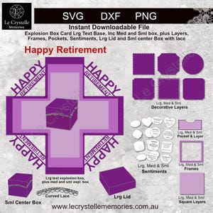 May include: A digital design for an explosion box card with the text "Happy Retirement." The design includes layers, frames, pockets, sentiments, and a small center box with lace. The color scheme is purple and white.