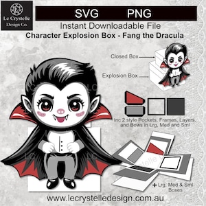 Puede incluir: Archivo digital SVG y PNG para una caja explosiva de personajes con "Fang the Dracula". El diseño incluye un vampiro de dibujos animados con capa negra y detalles rojos. La imagen muestra la caja montada y desmontada.