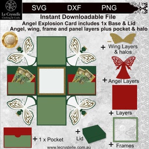 Pode incluir: Um download digital para um projeto de artesanato de cartão de explosão de anjo. A imagem mostra um cartão verde, vermelho e dourado com asas de anjo, um bolso e uma tampa. O texto na imagem diz "Angel Explosion Card includes 1x Base & Lid Angel, wing, frame and panel layers plus pocket & halo".