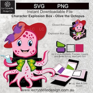 Puede incluir: Archivo digital SVG y PNG para una caja explosiva de personajes con Olivia el pulpo. El diseño incluye un pulpo rosa con sombrero, lazo y bebida, junto con bolsillos, marcos, capas y lazos en varios tamaños. Descarga instantánea.