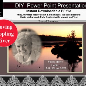 Może przedstawiać: Szablon prezentacji PowerPoint z fotografią jeziora o zachodzie słońca. Tekst "Moving Rippling River" znajduje się w czerwonym kółku. Tekst "Susan Maree Collins 2.11.1936 to 6.3.2032" znajduje się w białym prostokącie.