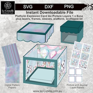 Puede incluir: Archivo descargable digital para una tarjeta de explosión de plataforma. La imagen muestra una caja verde azulado con bordes festoneados, ilustraciones de pandas y globos aerostáticos, y papeles de patrones digitales. Incluye formatos SVG, DXF y PNG.