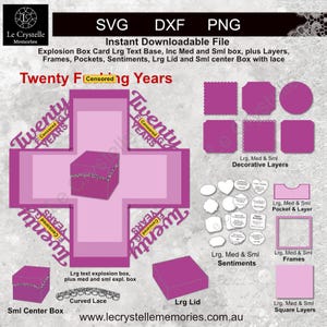 May include: A digital SVG, DXF, and PNG file for an explosion box card. The design includes layers, frames, pockets, sentiments, a large lid, and a small center box with lace. The text reads "Twenty F***ing Years".