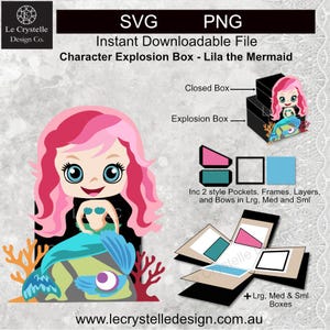 Op de afbeelding: Digitale SVG- en PNG-bestand voor een karakterexplosiedoos met Lila de Zeemeermin. Het ontwerp omvat een gesloten doos, explosiedoos, zakken, frames, lagen en strikken. Beschikbaar in L, M en S. Website: www.lecrystelledesign.com.au.