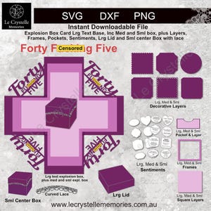 May include: Digital SVG, DXF, and PNG files for an explosion box card. The design includes layers, frames, pockets, sentiments, a large lid, and a small center box with lace. The text reads "Forty F Censored g Five".