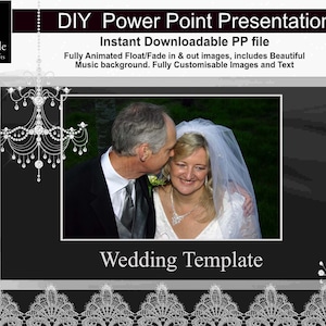 Puede incluir: Una plantilla de presentación de PowerPoint en blanco y negro para una boda. La plantilla presenta una foto de una novia y un novio, una lámpara de araña y el texto "Plantilla de boda".