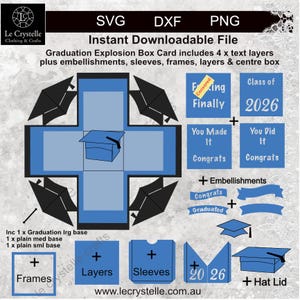 Puede incluir: Gráfico de descarga digital para una tarjeta de caja explosiva de graduación. El diseño incluye una caja azul y negra con capas de texto, adornos, mangas, marcos, capas y una caja central. El texto incluye "Finalmente", "Clase de 2026" y "You Made It Congrats".
