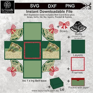 May include: A digital download for a Christmas bell explosion card. The card includes a base, bells, bows, layers, frames, a lid, and a pocket with a layer. The image shows a green and red card with gold glitter accents.
