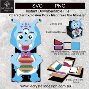 May include: Digital SVG and PNG file for a Character Explosion Box featuring Mandrake the Monster. The design includes a blue monster with three eyes, a bow tie, and a layered design. The file includes pockets, frames, layers, and bows in various sizes.