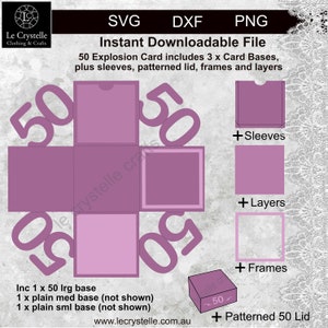 May include: A digital download for a 50th birthday explosion box card. The image shows the card base, sleeves, layers, frames, and a patterned lid. The card base is pink with the number 50 printed on each side.
