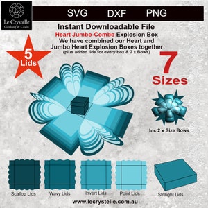 hart explosiebox SVG bestand / jumbocombo 5 deksels / mega explosiedoos / hartdoos sjabloon / hart exploderen / gelaagde kaart / cricut / silhouet /