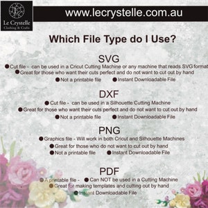 K&ouml;nnte beinhalten: Informative Grafik von Le Crystelle Clothing & Crafts, die Dateitypen (SVG, DXF, PNG, PDF) f&uuml;r Schneidemaschinen detailliert. Der Text erkl&auml;rt die Verwendung jedes Dateityps, einschlie&szlig;lich Optionen f&uuml;r 'Sofortiger Download'. Blumige Akzente umrahmen den Text.
