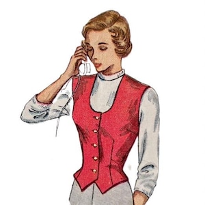 May include: Illustration of a woman wearing a red vest over a white blouse and gray pants. The vest has gold buttons and a tailored fit. The woman is holding a vintage telephone receiver to her ear.