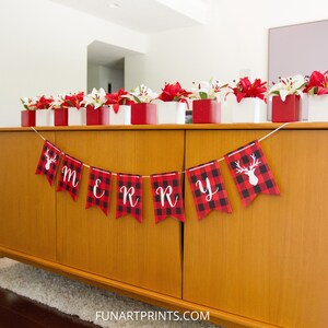Printable Black + Red Buffalo Plaid Merry Bunting for Christmas