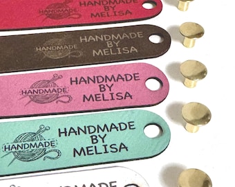 Personalized leather labels - Handmade tags with eyelets - Sewing, crocheting, knitting