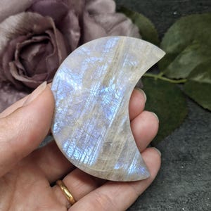 Moonstone Crescent Moon with Blue Flash Shimmer - White Labradorite Moon Carving