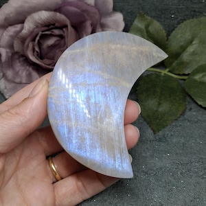 Moonstone Crescent Moon with Blue Flash Shimmer - White Labradorite Moon Carving