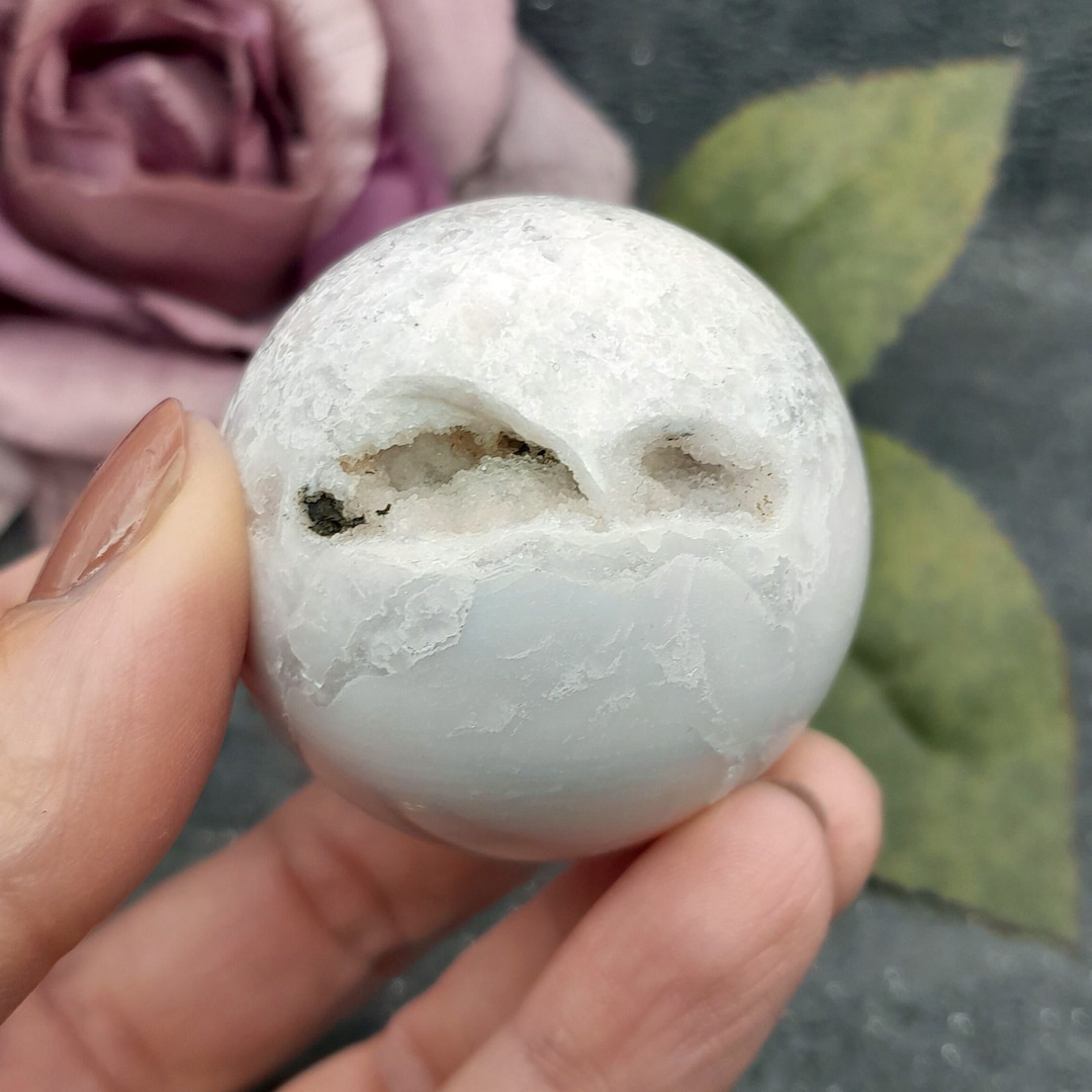 Druzy White Plume Agate Polished Sphere White Agate Sphere Snow Agate