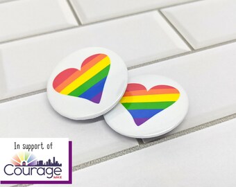 Pride Heart Doodle Pin - Pinback Button, Multiple Sizes - Rainbow Pin Benefitting Outreach and Housing for LGBTQIA+ Youth Charity