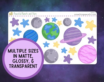 Planets and Stars Sticker Sheet - Multiple Sizes, Matte, Glossy, or Clear - Space Stickers for Planner, Journal, Teacher, Library, Birthday